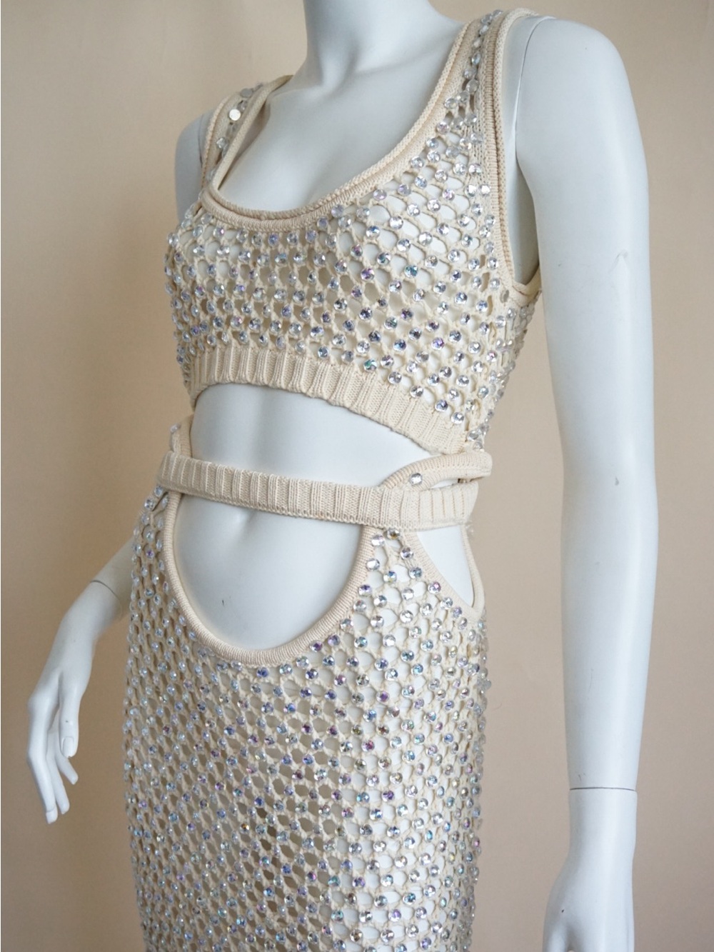 Diotima Naomi Crystal Embellished Open Knit Mesh Sand Dress NWT - Size 3
